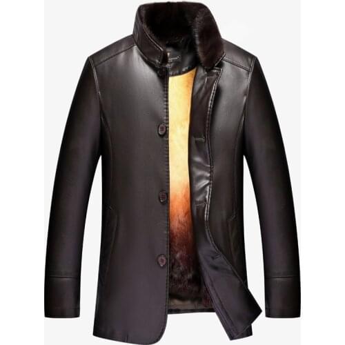 Luxury Winter Mens Clothing Jaqueta De Couro Black Male Leather Jacket Winter Snow Coats Men Mink Collar Rabbit Fur Inside, 4XL