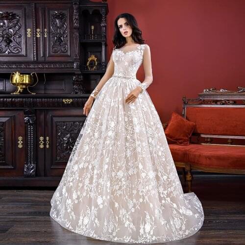 New Special Long Sleeve Wedding Gowns Vestido Novia Shiny Beading Crystal Waist Pearls Up Lace Bridal Dresses Mariage