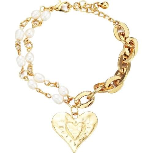 ORNAPEADIA New Fashion Chain Pearl Bracelet for Women Ladies Creative Multi-layer Two-Piece Love Pendant Bracelet Bangles