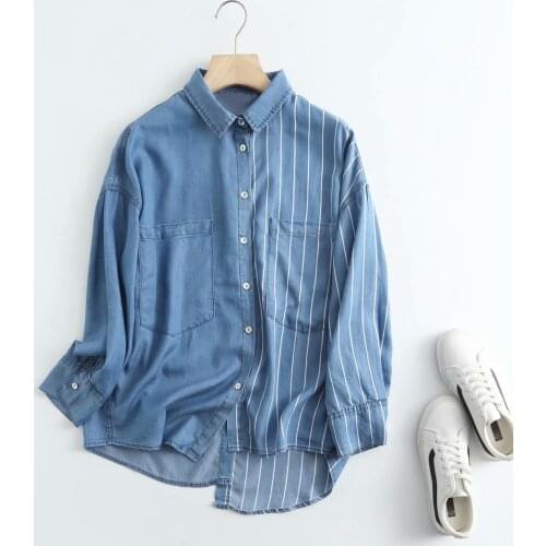 Streetwear striped denim shirt women summer spring soft jeans long shirt long sleeves light blue casual loose shirt tops cotton