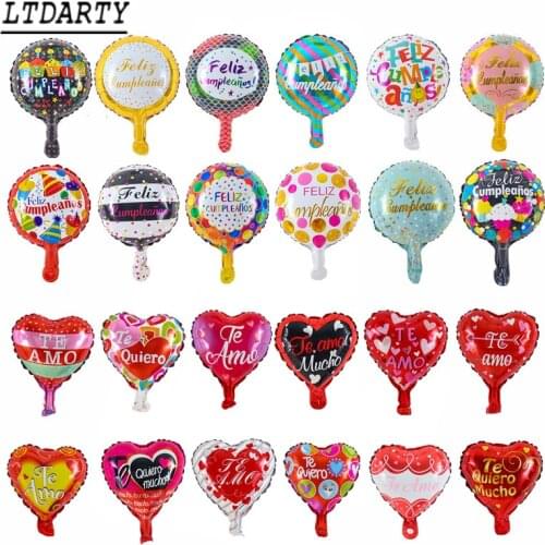 50pcs 10inch Spanish Happy Birthday Party Decoration I Love You Aluminum Foil Balloon Feliz Cumpleanos Round and Heart Shaped