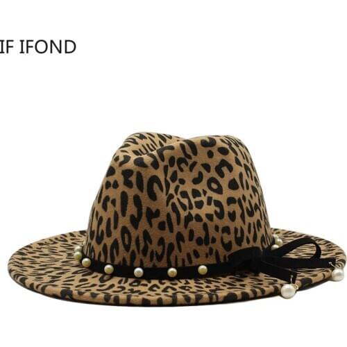 British Style All-match Wide Brim Fedora Hat For Women Wool Felt Jazz Hat Autumn Winter Leopard vintage Hat
