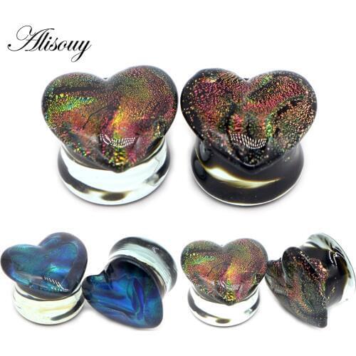 Alisouy 2PCS Love Heart Shaped Glass Ear Plugs Tunnel Flesh Ear Strechers Expander Fashion Body Piercing Jewelry For Women Men
