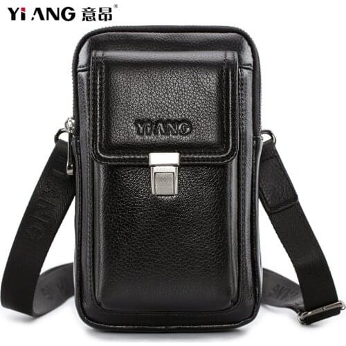 YIANG Brand Fashion Mens Leather Multifunction Shoulder Satchel Bag Designer Cigarette Case Phone Pouch Hook Belt Waist Bag Pack