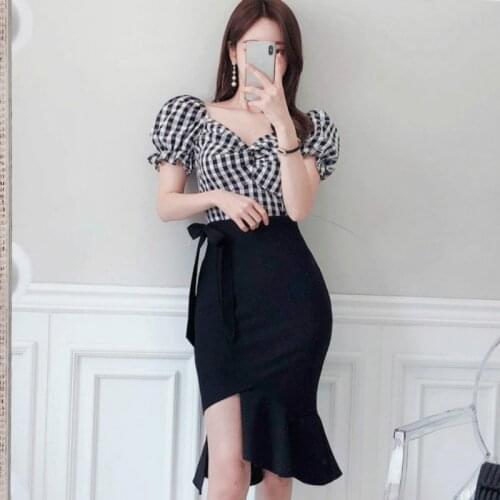 ZAWFL 2020 Plaid Puff Short Sleeve Blouse Shirt Bodycon Fishtail Irregular Skirt Two Piece Black Midi Sexy Womens Party Suit