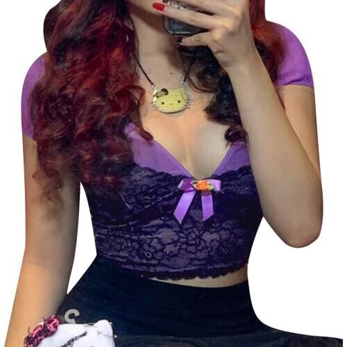 2021 Summer Womens Sexy Tank Lace Blouse Perspective Lace V-neck Sling Crop Clothes Color Kawaii Short Sleeve Top for Female