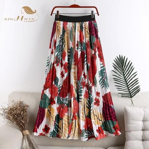 SISHION 2021 Holiday Beach Boho Long Maxi Skirt VD1823 High Waist Women Summer Floral Print Chiffon Pleated Midi Skirt