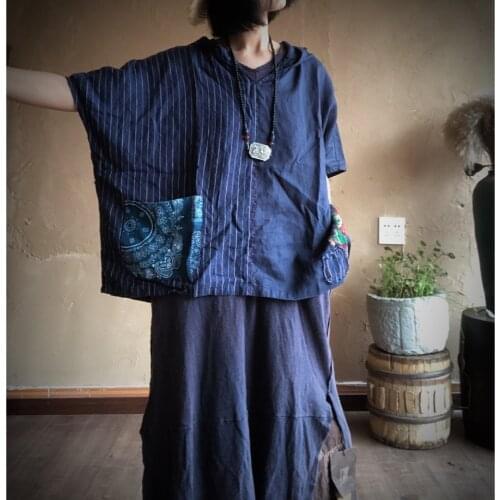 Women Loose Striped Patchwork Linen Blouse Ladies Vintage Hooded Flax Tops Shirt Female Plus Size Linen Blouses