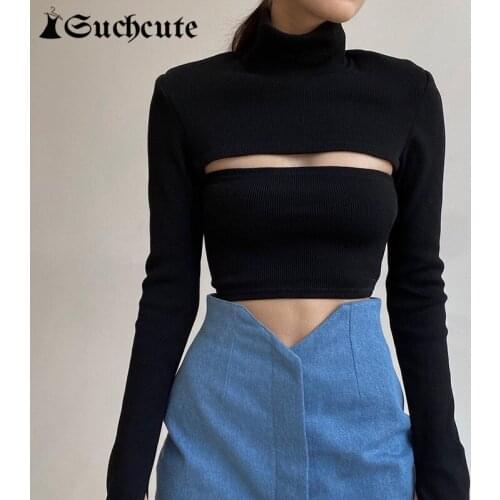 SUCHCUTE Turtleneck Hollow Out Women T-shirts Harajuku Casual Long Sleeve Skinny Streetwear Tee Shirts Vintage Gothic Clothes