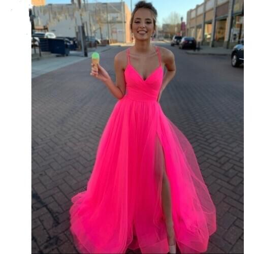 ANGELSBRIDEP Hot-Pink Long Evening Party Dresses Vestidos De Festa Sexy Spaghetti Straps Side Split Formal Prom Dresses Hot Sale