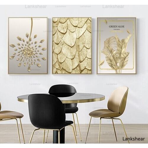 Golden Luxury Plant Picture Home Decor Nordic Canvas Painting Wall Art Modern Gold Leaf Decor Posters and Prints for Living Room