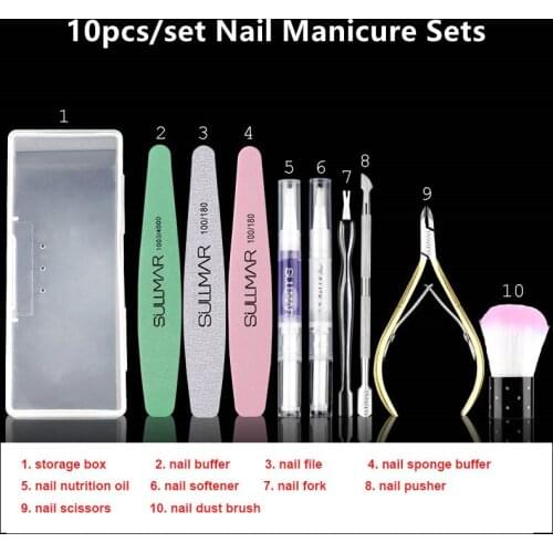 10pcs/set Professional Salon Home Use Nail Nutrition Nail Scissor Pusher Nail Buffer Nail Art Set Manicure