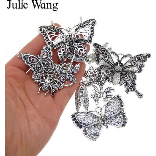 Julie Wang 10PCS Butterfly Dragonfly Charms Random Mix Alloy Insect Antique Bronze Silver Color Necklace Bracelet Jewelry Making