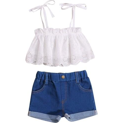 Pudcoco 0-6Y 2Pcs Summer Lace Ruched Sleeveless White Short Vest Tops+Denim Jeans Shorts Pants Trousers Baby Girls Outfit Sets