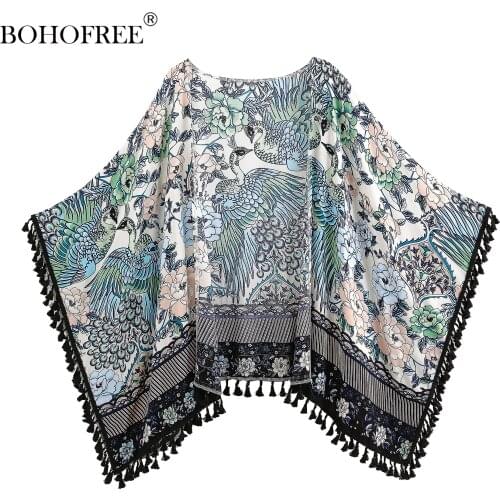 Boho Floral Print Oversized Cover Ups Tassels Peacock Print Robes Animal Kimonos Casual Women Cardigan Bohemian Blusas