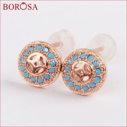 BOROSA 7mm CZ Micro Pave Blue Zircons Tiny Round Stud Earrings Fashion Drusy Earrings for Women Girls Jewelry WX709