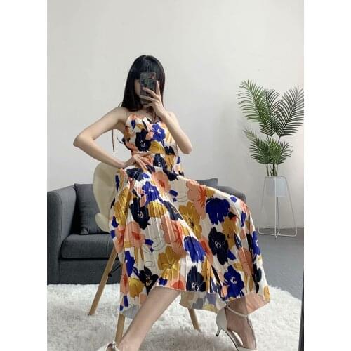 Zary Daisy exotic suspender skirt retro temperament all-match thin flower pleated skirt seaside vacation mid-length dress