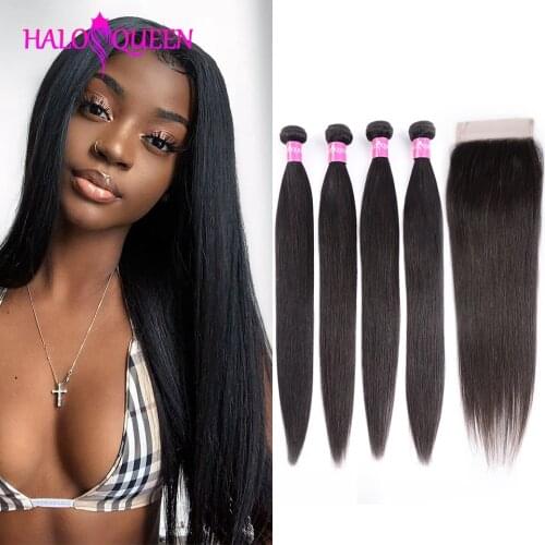 HOLAQUEEN Indian Hair Straight 4 Bundles With Closure 100% Human Hair Bundles With Closure Natural Color Non Remy Hair Extension