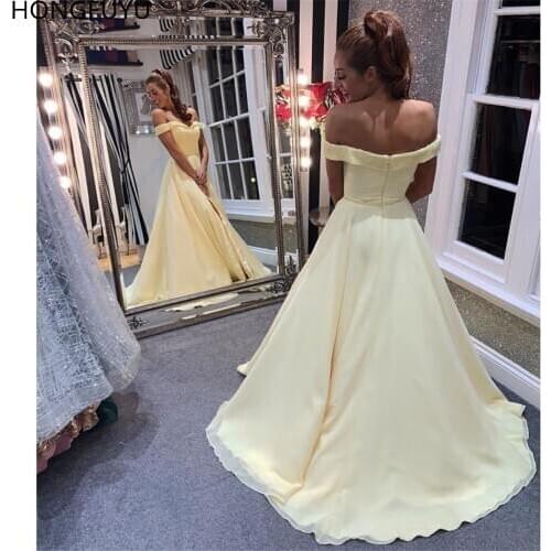 HONGFUYU Off Shoulder Yellow A-line Evening Prom Dresses robe de soiree Long Party Gowns With Beading vestidos elegantes Formal