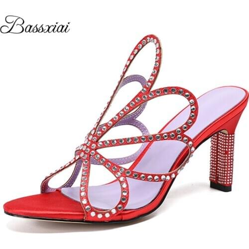 Crystal Fretwork Bordered Flower High Heel Mules Lady Sexy Open Toe Luxury Satin Slingbacks Summer Sandals For Girls Women