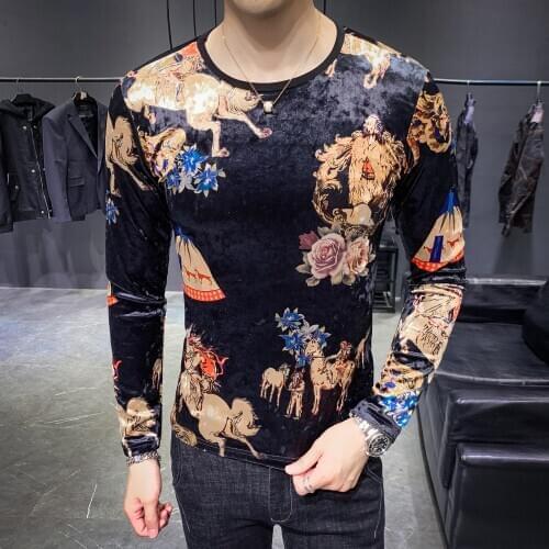 Autumn New 2020 Gold Velvet Print High Collar Mens Bottoming Slim Luxury T Shirt Men Fashion Long-sleeved Vintage T Shirts Men