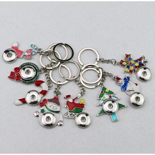 Wholesale 40pcs/lot Mix 10styles Nice enamel Christmas Key chains keyring 18mm Metal ginger snap button charm pendant key rings