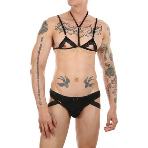 Sexy Sissy Lingerie Lace Flower Underwear Men Bra Panties Leg Ring Strap Thong Sheer Exrotic Suit Body Elastic Harness Thongs Se