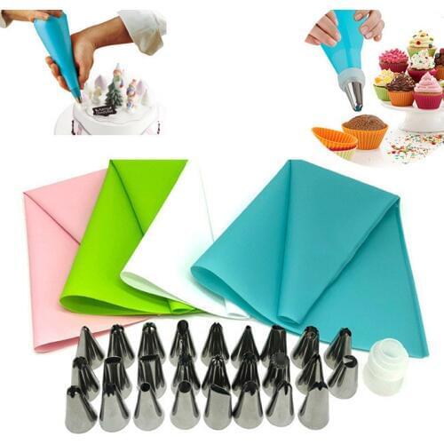 28PCS/Set Silicone Kitchen Accessories Pastry Bag Nozzles Tips Icing Piping Cream Pastry Bag 26Stainless Steel Set DIY Cake Tool