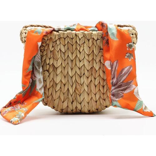 Gourd grass straw bag shoulder Crossbody woven bag silk scarf bow beach bag