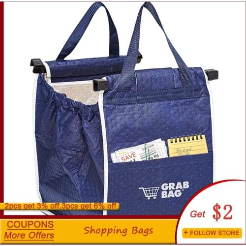 2Pcs Storage Bags Reusable Large Trolley Clip-To-Cart Grocery Supermarket Shopping Bag Portable Blue Foldable Tote Handbags