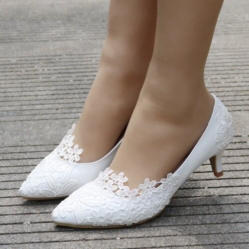 Crystal Queen Women Pumps Wedding Shoes large Handmade lace White Bridal Shoes Bridesmaid Shoes banquet dress Shoes 5cm Heel 43