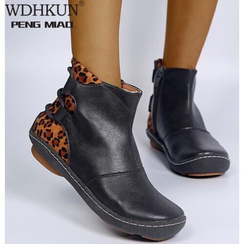 Womens Shoes Autumn Ankle Boots Fashion PU Leather 2020 Side Zipper Ladies Botas Leopard Print Female Flat Women Footwear New