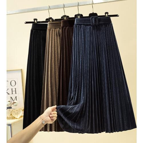 Elegant Velvet Pleated Skirt Womens Retro Autumn And Winter High-Waisted Fashion Wild Mid-Length Corduroy Skirt Jupe Femme y955
