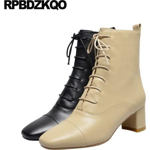 Women Ankle Boots Medium Heel Beige Ladies Fur Lace Up Fall Short Winter 2021 Block Autumn Real Leather Chunky Square Toe Shoes