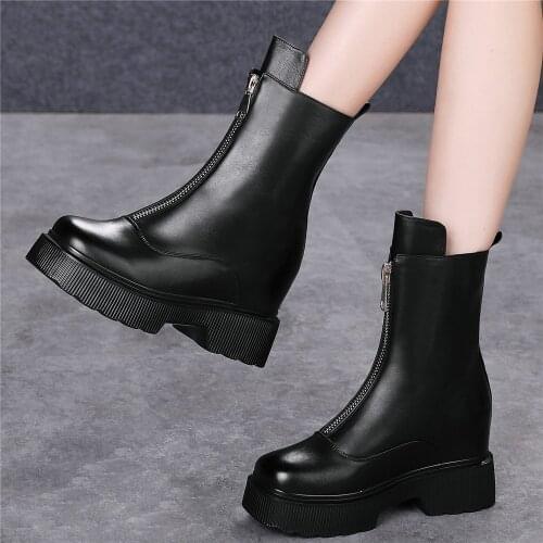 Women Genuine Leather Hidden Wedges High Heel Motorcycle Boots Female Winter Warm Round Toe Platform Creepers Shoes Casual Shoes