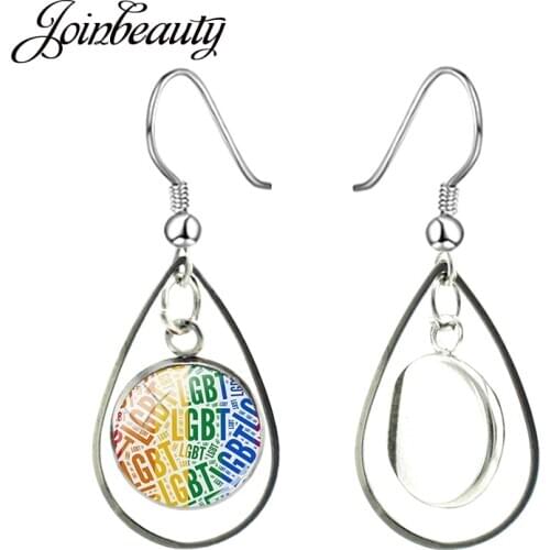 JOINBEAUTY LGBT Pride Charm Women Teardrop Pendant Earrings Single Sided Glass Pattern Water Drop Dangle Earrings Jewelry BT40