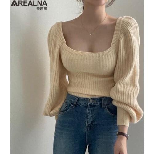 2021 New Women Knit Sweater Top Long sleeve Square collar korean fashion Woman warm Knitted sweaters Pullover Tops pull femme