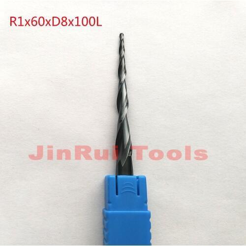 1pc R1*D8*60*100L*2F HRC55 Tungsten solid carbide Coated Tapered Ball Nose End Mills CNC milling cutters knife