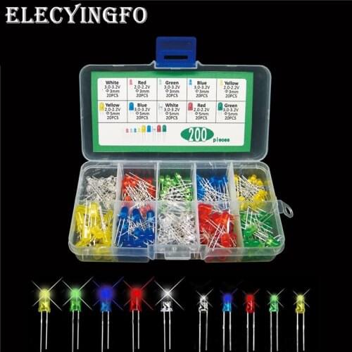 10Values x20pcs 5 color F3 3mm F5 5mm Red Blue Yellow Green White round LED kit box total 200pcs