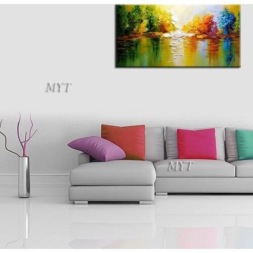 100% hand-painted, contemporary thick oil knife painting river yellow reflection, oil painting art murals, living room decoratio