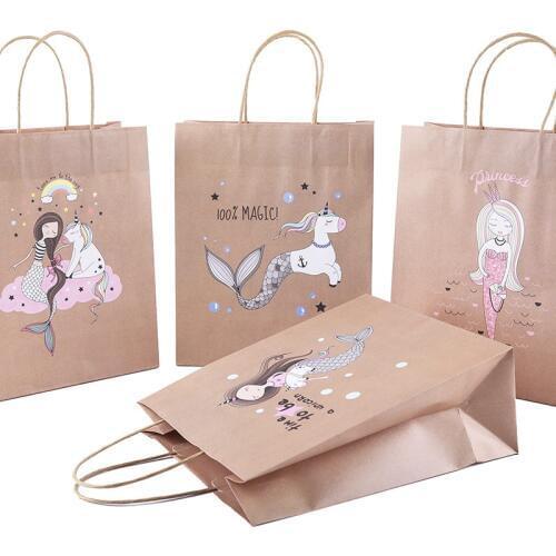 12pcs Unicorn Mermaid Birthday Party Supplies Wedding Gift Bag for Guests Small Gift Bags with Handles Kraft Paper Shopping Bags