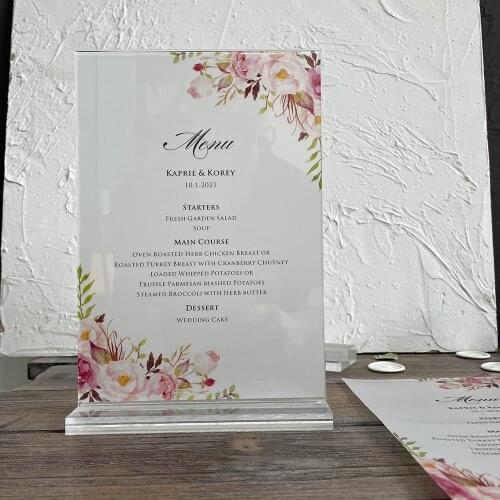 A5 size acrylic menu card ,with vellum paper menu insert , custom flower design , 10pcs