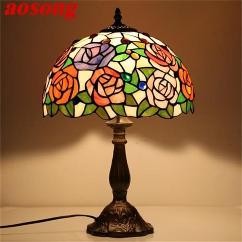 AOSONG Tiffany Table Lamp For Bedroom Contemporary Creative Flower Figure LED Light Home
