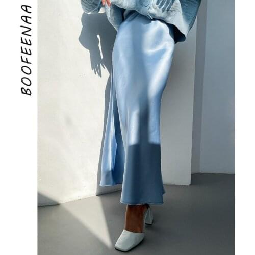 BOOFEENAA Solid Color High Waist Long Skirt Elegant Fashion Women Clothing Sexy Satin A Line Maxi Skirts Faldas Largas C66-CI16