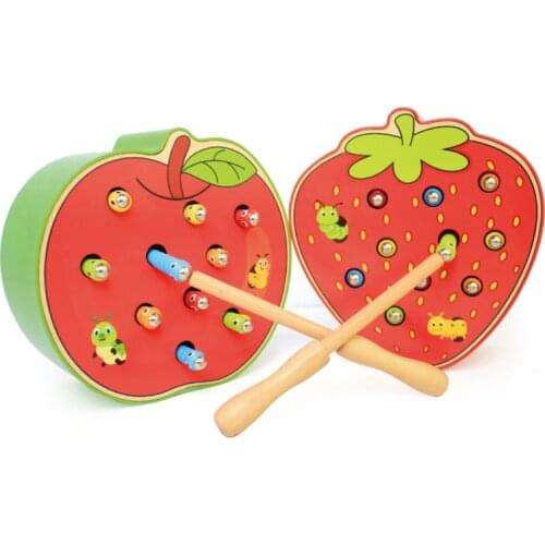 Toddler Wood Magnetic Blocks Toy Lovely Fruit Block Toys Red Strawberry/Apple Catch Bugs/Caterpillar Suck out Insects Children