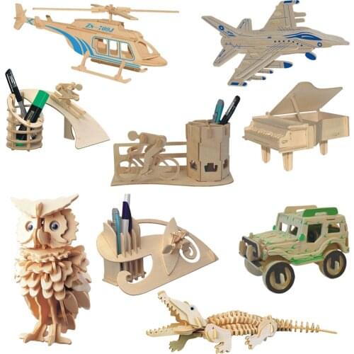 Wooden Helicopter Airplane Shaped 3D Puzzles Children Play Playset