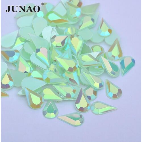 JUNAO 5x8mm 8x13mm Green AB Crystal Flatback Rhinestones Drop Strass Glue On Acrylic Stones Non Hotfix Crystal for DIY Clothes