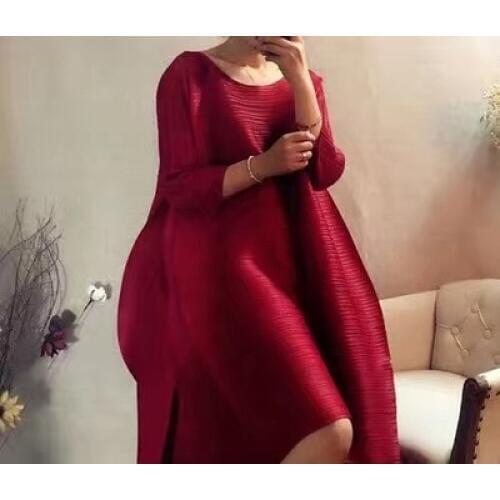HOT SELLING Fold pure color big seven yards show thin round collar sleeve type double split A dress IN STOCK