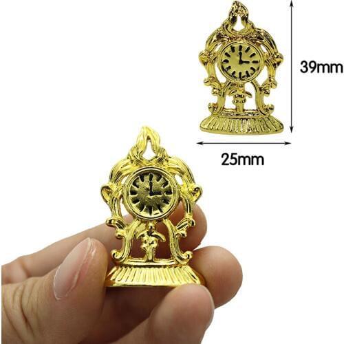 DIY Furniture Dollhouse Miniature 1:12 Domed Clock Gold Tone Mini Bedroom Accessories Retro Small Clock