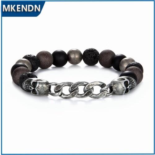 MKENDN Natural Lava Stone Skull Mens Buhhda Beaded Bracelet for Women Bracelets Male Cuban Link Chain Jewelry